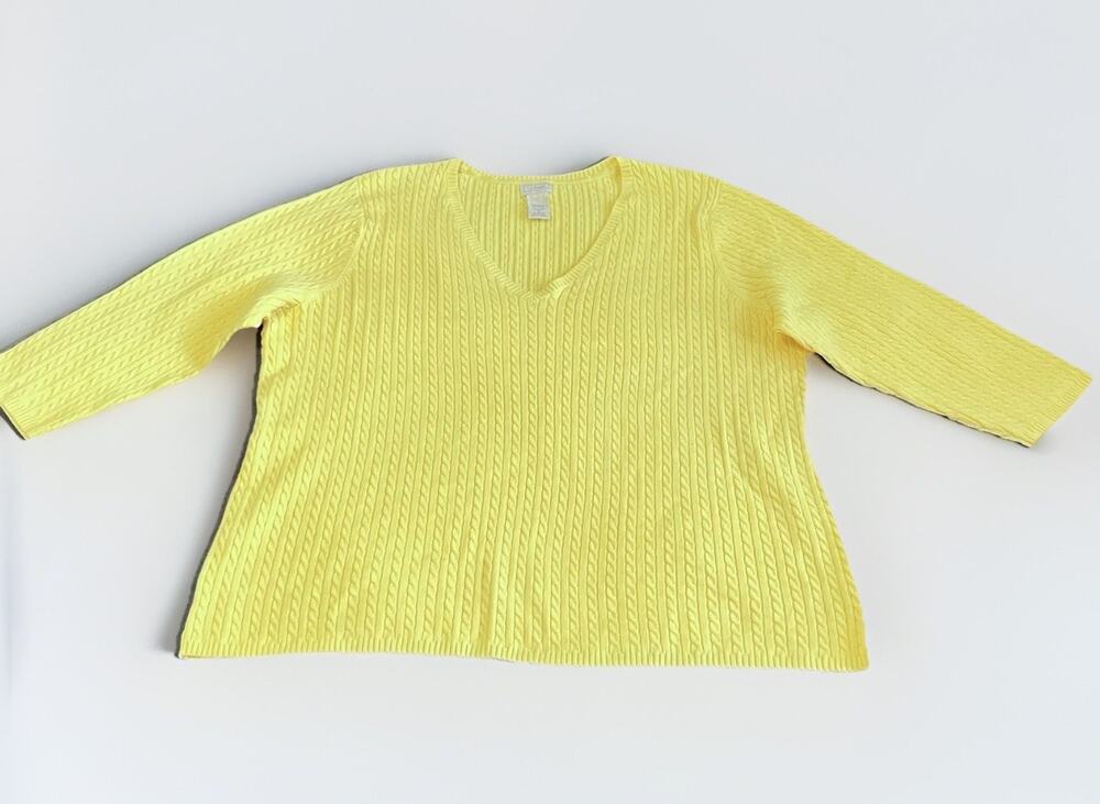 LL Bean Women’s 3x Yellow Cable Knit Sweater Cotton Blend V-neck Pullover Plus